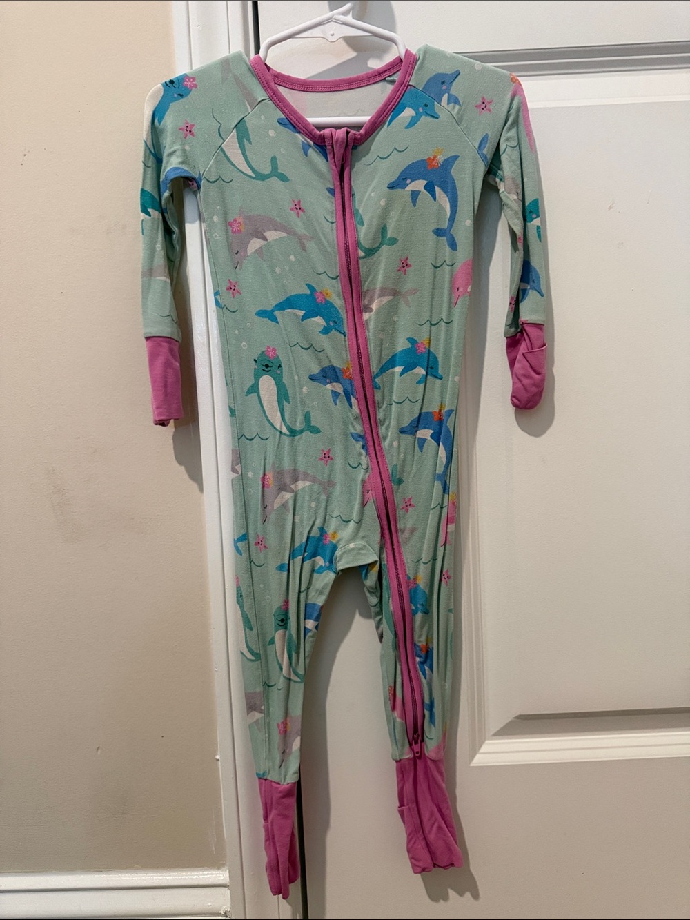 Little Sleepies 6-12m Mint Dolphin Print Zip One-Piece with Pink Trim